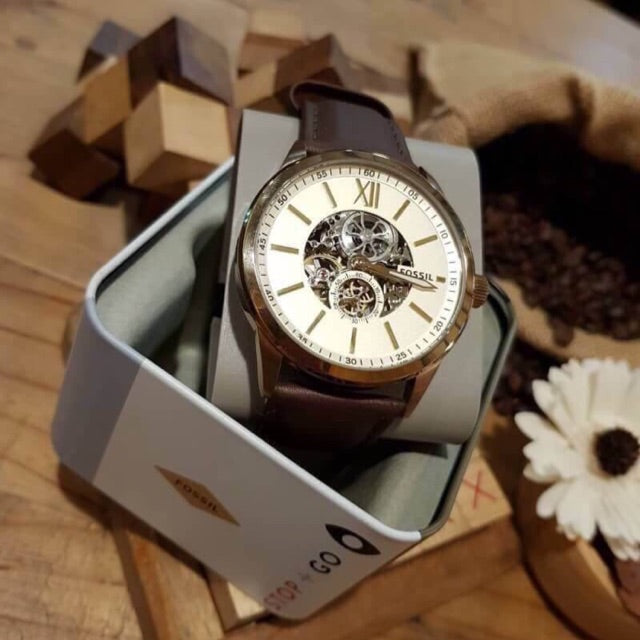  Shop Authentic Fossil Flynn Mechanical Skeleton Beige Dial Brown Leather Strap Watch for Men - BQ2215 - Luxxuri