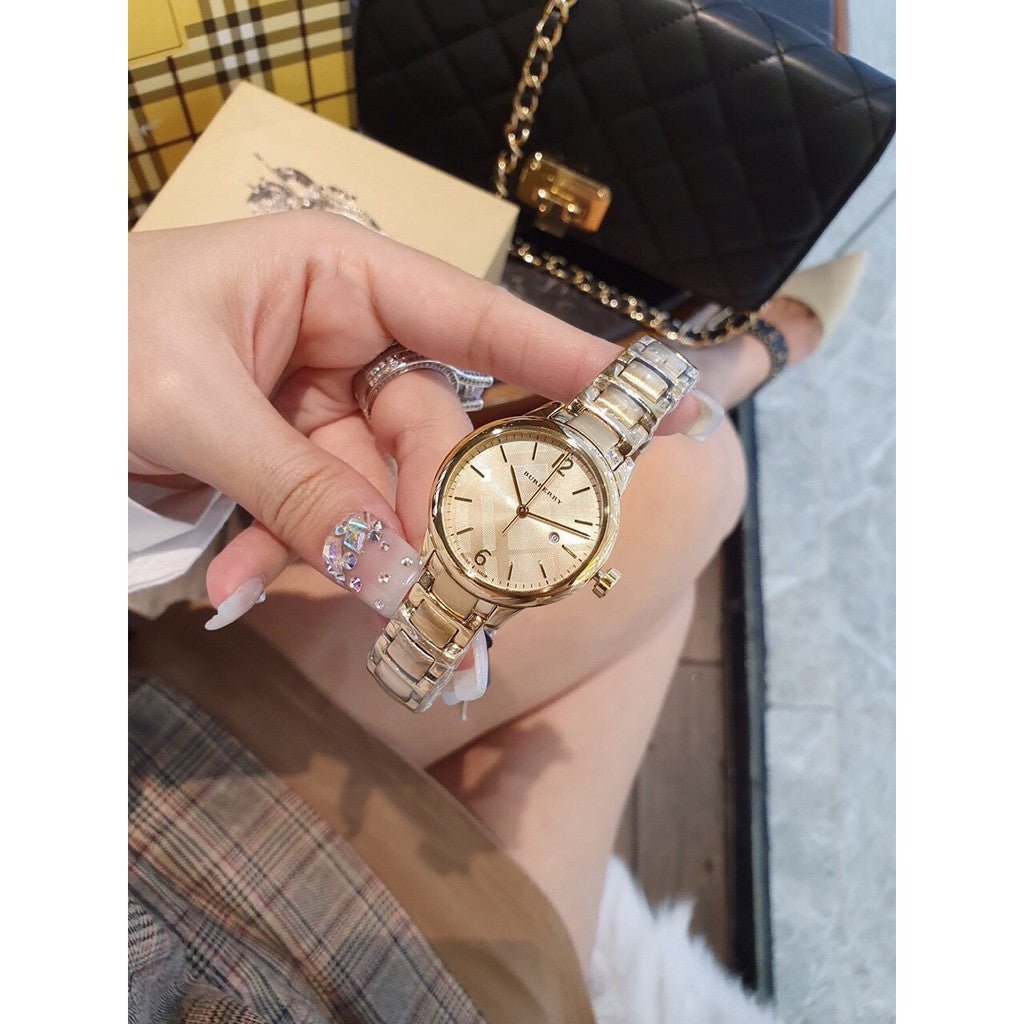  Shop Authentic Burberry The Classic Champagne Dial Gold Steel Strap Watch for Women - BU10109 - Luxxuri