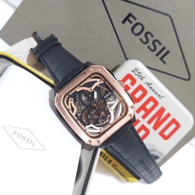  Shop Authentic Fossil Inscription Automatic Skeleton Rose Gold Dial Black Leather Strap Watch for Men - BQ2572 - Luxxuri