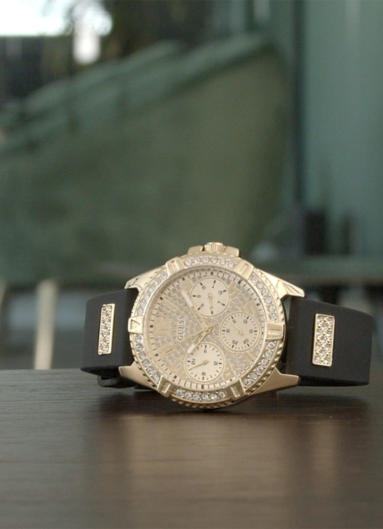  Shop Authentic Guess Frontier Diamonds Gold Dial Black Rubber Strap Watch For Women - W1160L1 - Luxxuri