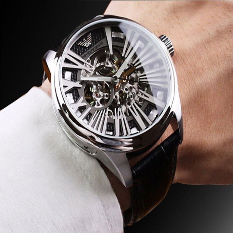  Shop Authentic Emporio Armani Meccanico Automatic Black Dial Leather Strap Watch For Men - AR4629 - Luxxuri