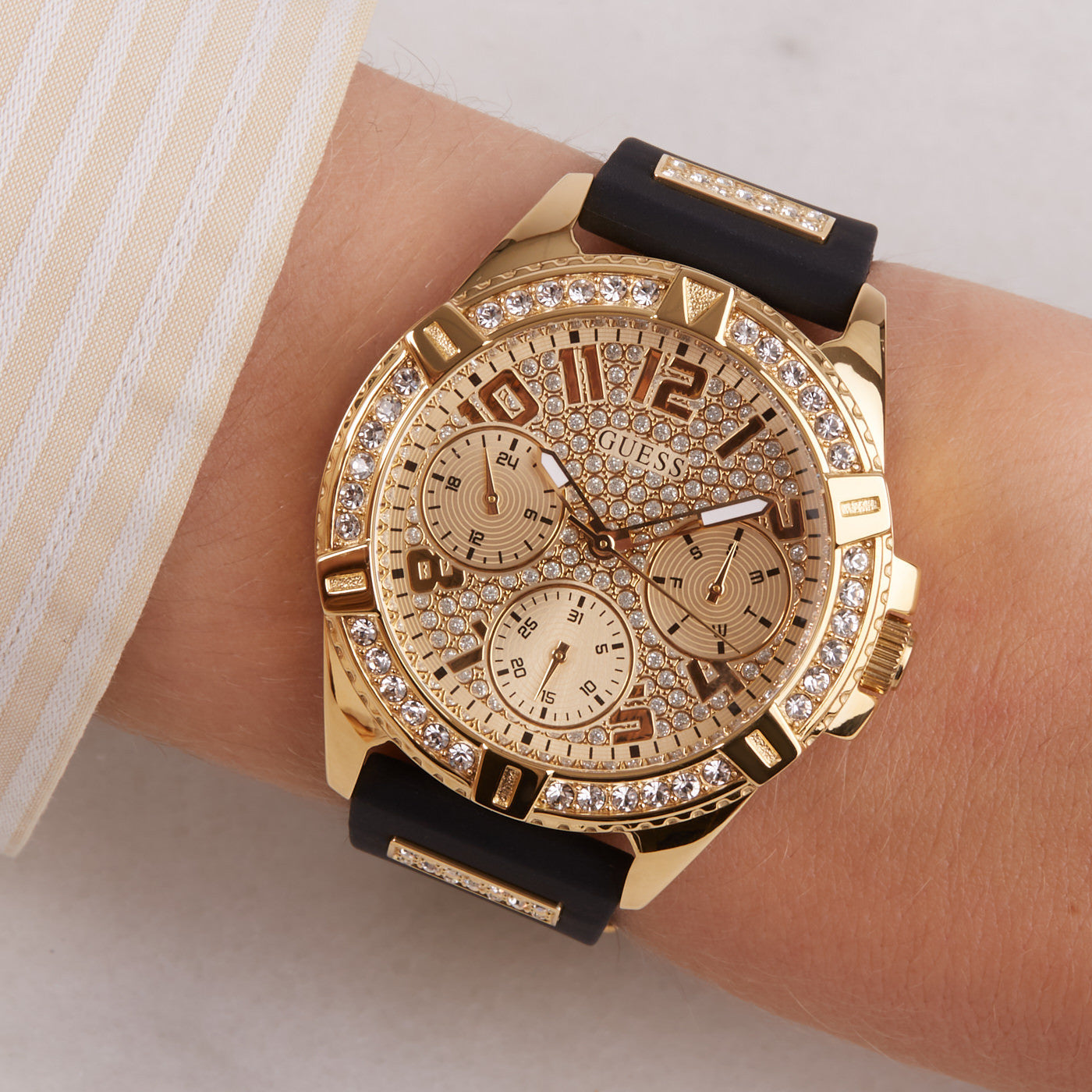  Shop Authentic Guess Frontier Diamonds Gold Dial Black Rubber Strap Watch For Women - W1160L1 - Luxxuri