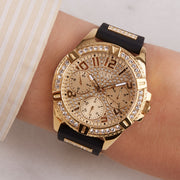  Shop Authentic Guess Frontier Diamonds Gold Dial Black Rubber Strap Watch For Women - W1160L1 - Luxxuri