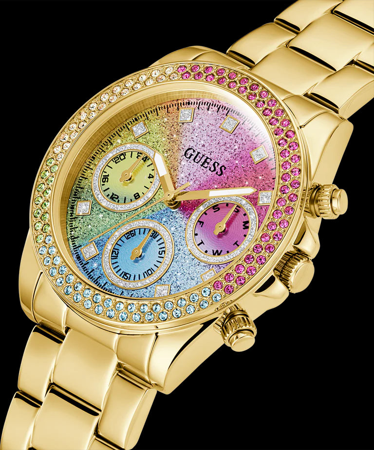  Shop Authentic Guess Confetti Chronograph Rainbow Dial Gold Steel Strap Watch For Women  - GW0483L4 - Luxxuri