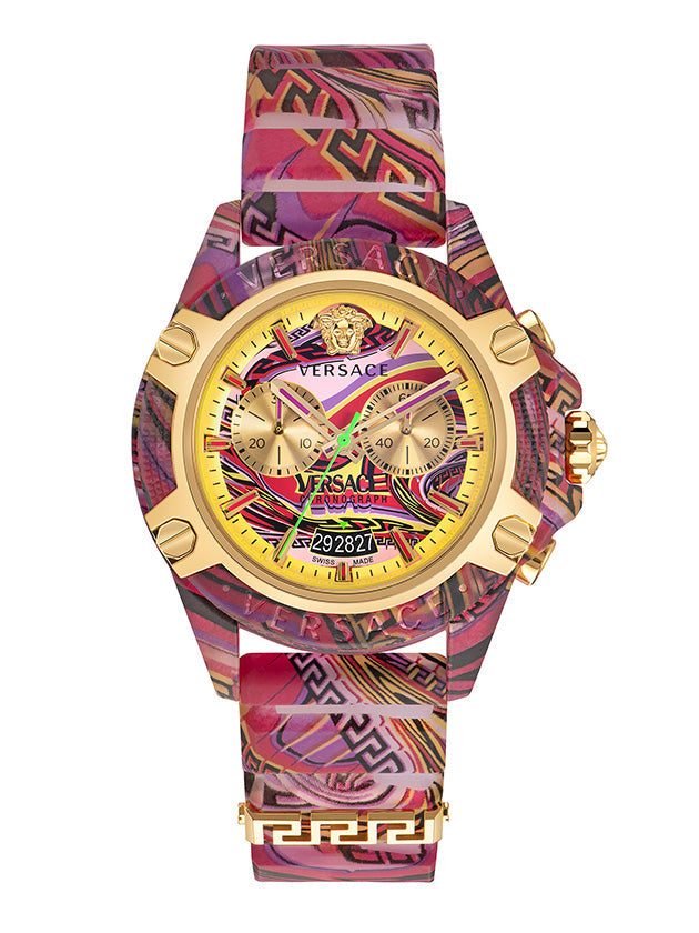  Shop Authentic Versace Icon Active Chronograph Quartz Gold Dial Red Leather Strap Watch For Men - VEZ701222 - Luxxuri