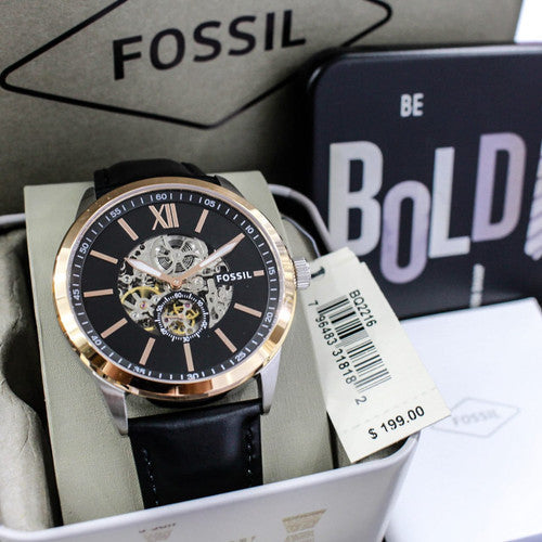  Shop Authentic Fossil Flynn Mechanical Black Dial Black Leather Strap Watch for Men - BQ2216 - Luxxuri