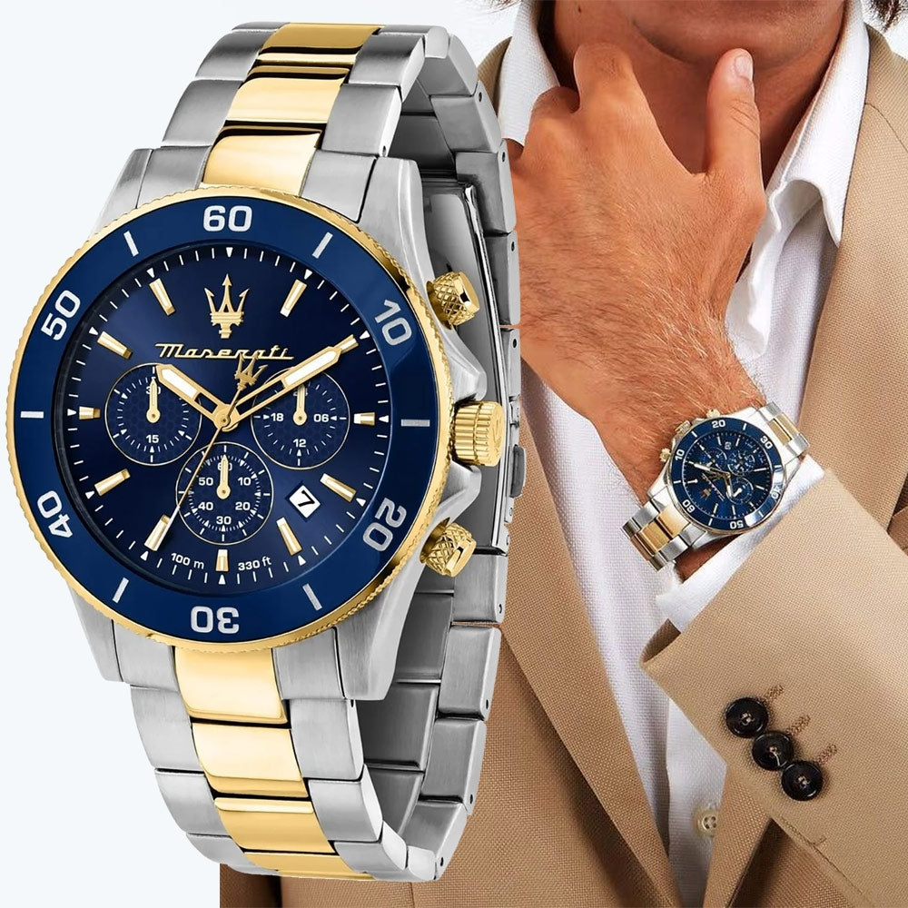  Shop Authentic Maserati Competizione Chronograph Blue Dial Two Tone Steel Strap Watch For Men - R8873600006 - Luxxuri