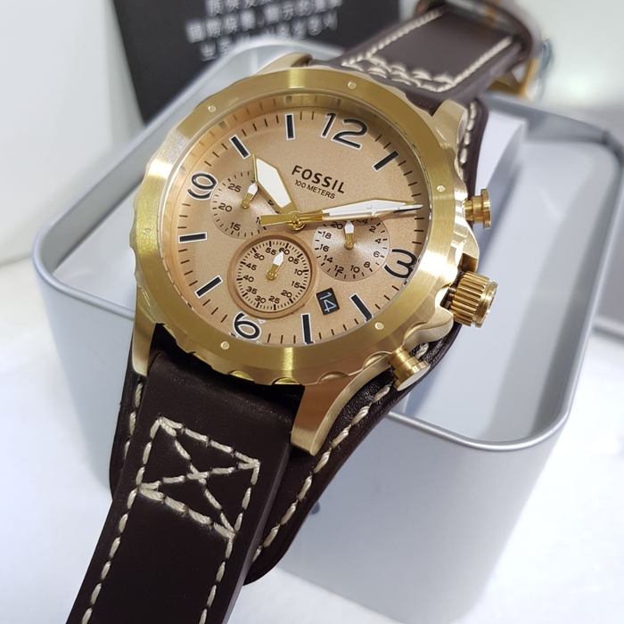 Shop Authentic Fossil Nate Chronograph Gold Dial Brown Leather Strap Watch for Men - JR1495 - Luxxuri