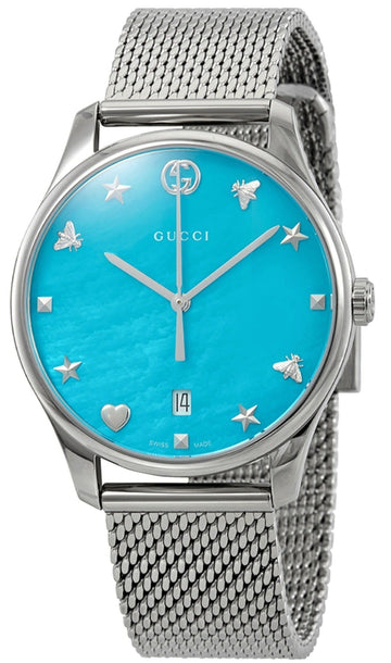  Shop Authentic Gucci G-Timeless Turquoise Mother of Pearl Dial Silver Mesh Bracelet Watch For Women - YA126582 - Luxxuri