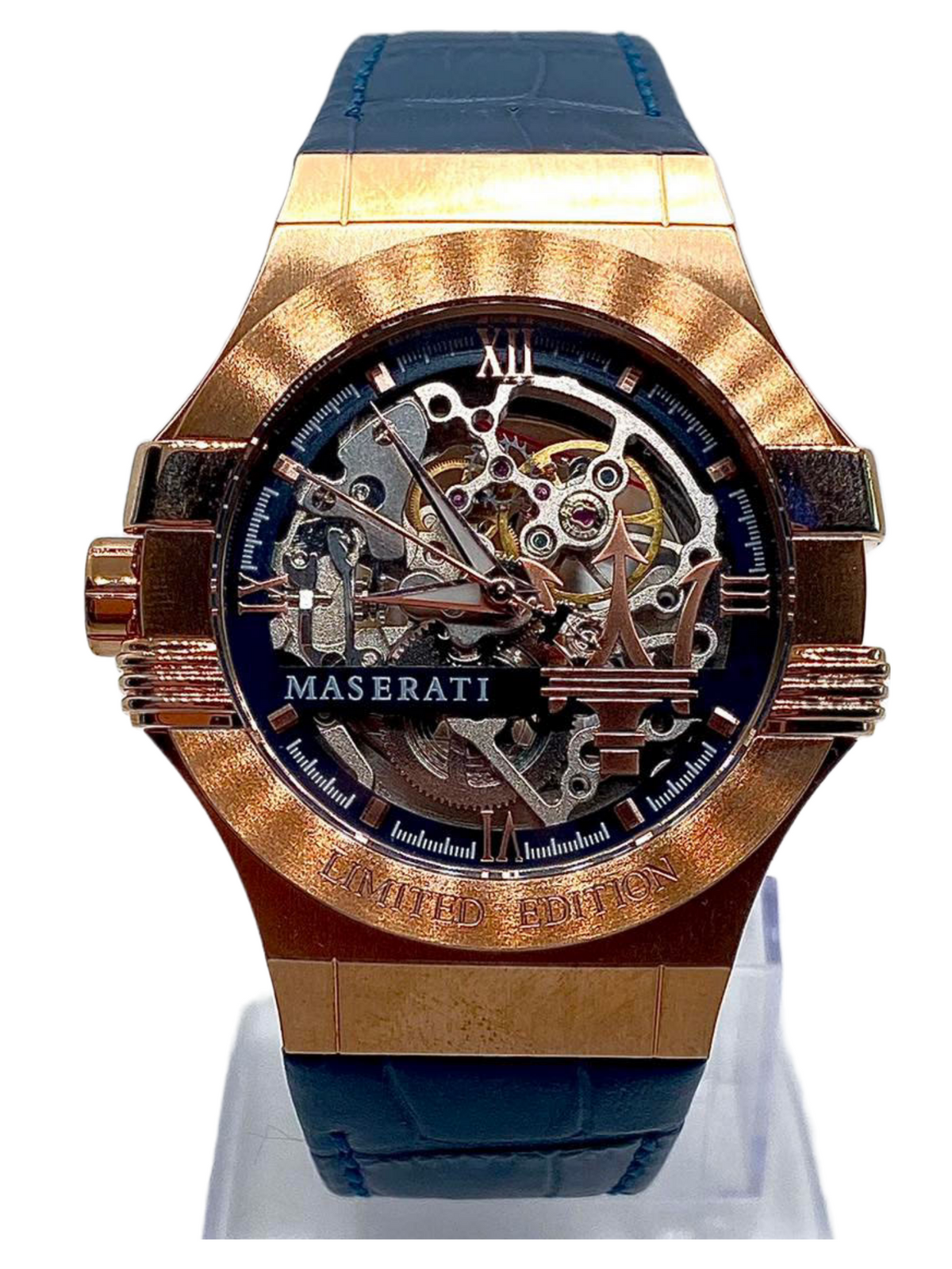  Shop Authentic Maserati Automatic Skeleton Dial Rose Gold Blue Leather Strap Watch For Men - R8821108022 - Luxxuri