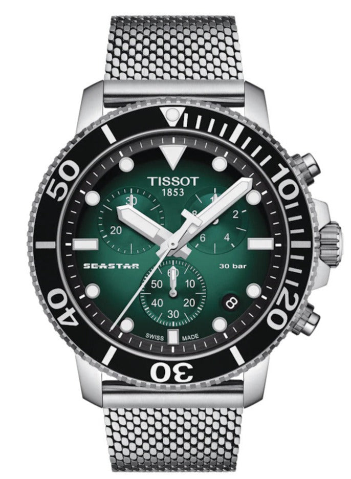  Shop Authentic Tissot Seastar 1000 Chronograph Green Dial Silver Mesh Bracelet Watch For Men - T120.417.11.091.00 - Luxxuri