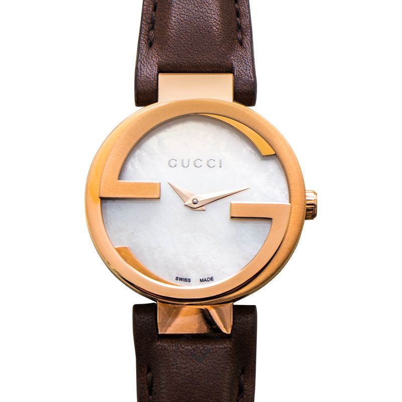  Shop Authentic Gucci G Interlocking Mother of Pearl Dial Brown Leather Strap Watch For Women - YA133516 - Luxxuri