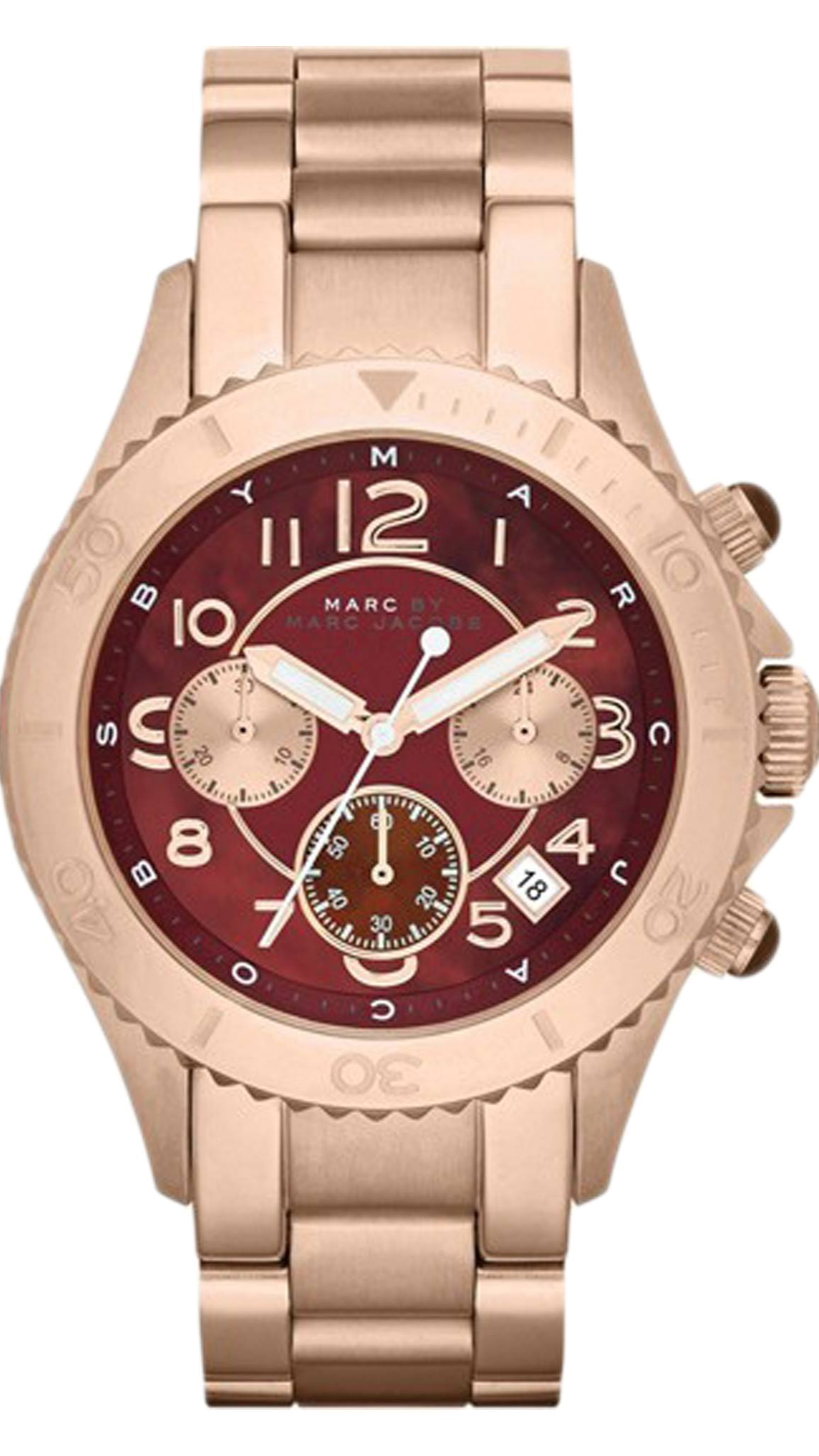  Shop Authentic Marc Jacobs Rock Chronograph Mother of Pearl Red Dial Rose Gold Steel Strap Unisex Watch - MBM3251 - Luxxuri