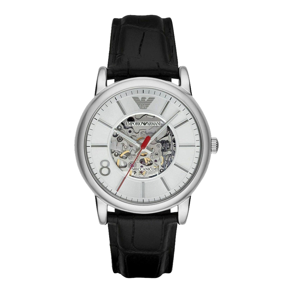  Shop Authentic Emporio Armani Meccanico Silver Skeleton Dial Black Leather Watch For Men - AR1997 - Luxxuri