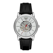  Shop Authentic Emporio Armani Meccanico Silver Skeleton Dial Black Leather Watch For Men - AR1997 - Luxxuri
