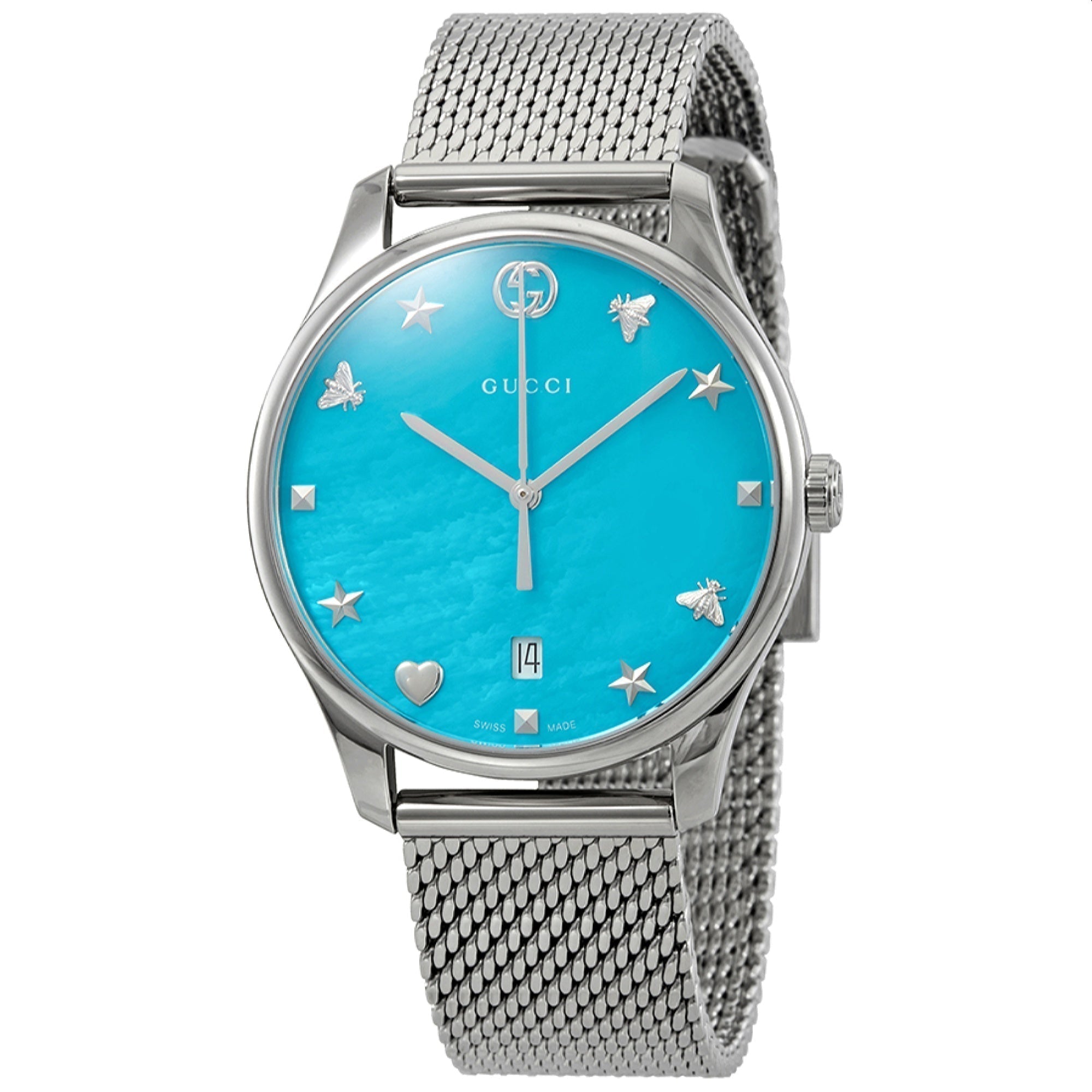  Shop Authentic Gucci G-Timeless Turquiose Mother of Pearl Dial Silver Mesh Bracelet Watch For Women - YA1264039 - Luxxuri