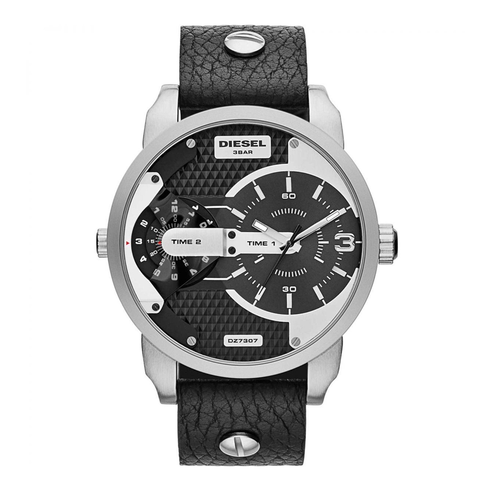  Shop Authentic Diesel Mini Daddy Black Silver Dial Black Leather Strap Watch For Men - DZ7307 - Luxxuri