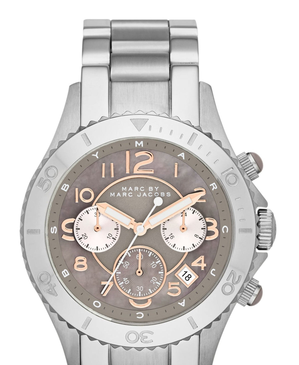  Shop Authentic Marc Jacobs Rock Chronograph Mother of Pearl Grey Dial Silver Steel Strap Watch for Women - MBM3250 - Luxxuri