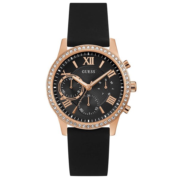  Shop Authentic Guess Solar 40mm Black & Rose Gold Dial Black Rubber Strap Watch For Women - W1135L4 - Luxxuri