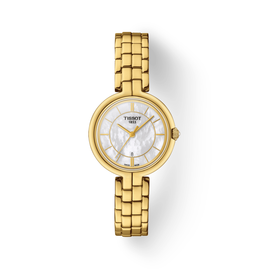 Shop Authentic Tissot Flamingo Mother of Pearl White Dial Gold Steel Strap Watch For Women - T094.210.33.111.00 - Luxxuri