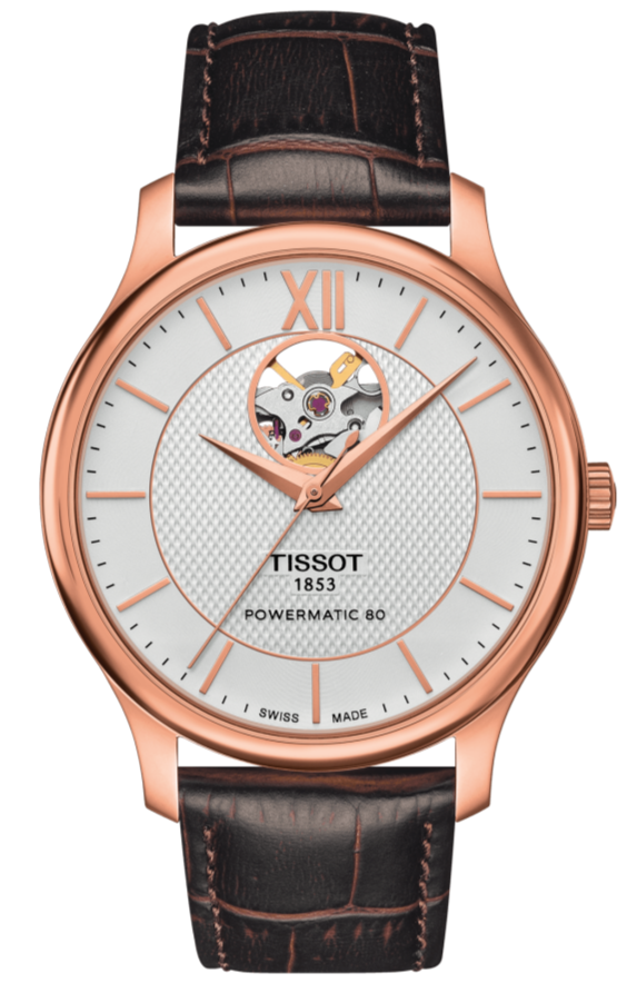  Shop Authentic Tissot Tradition Powermatic 80 Open Heart Silver Dial Brown Leather Strap Watch For Men - T063.907.36.038.00 - Luxxuri