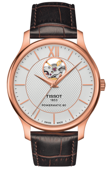  Shop Authentic Tissot Tradition Powermatic 80 Open Heart Silver Dial Brown Leather Strap Watch For Men - T063.907.36.038.00 - Luxxuri