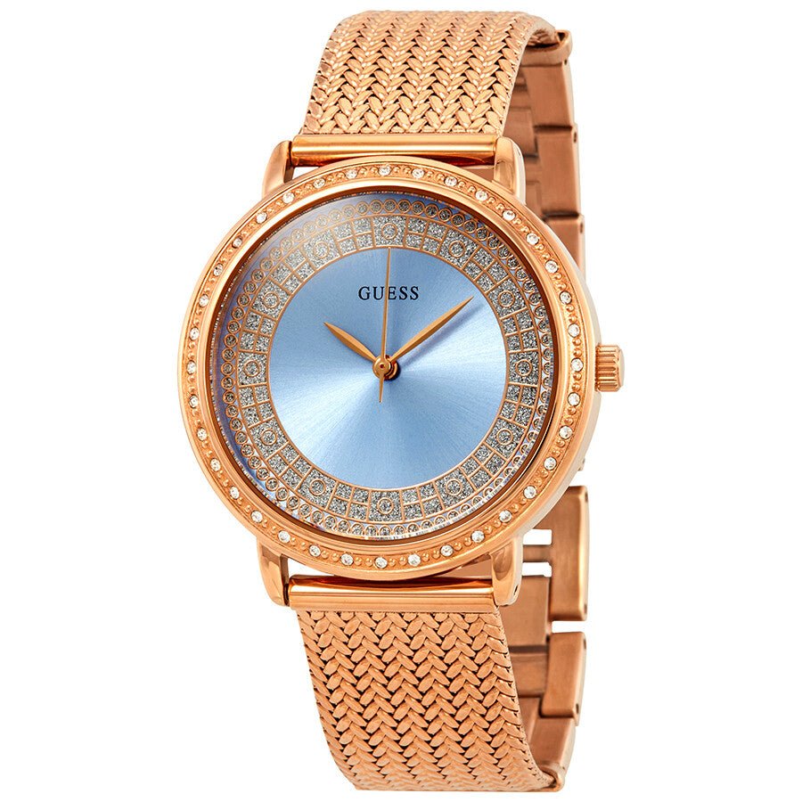  Shop Authentic Guess Willow Crystal Blue Dial Rose Gold Mesh Bracelet Watch For Women - W0836L1 - Luxxuri