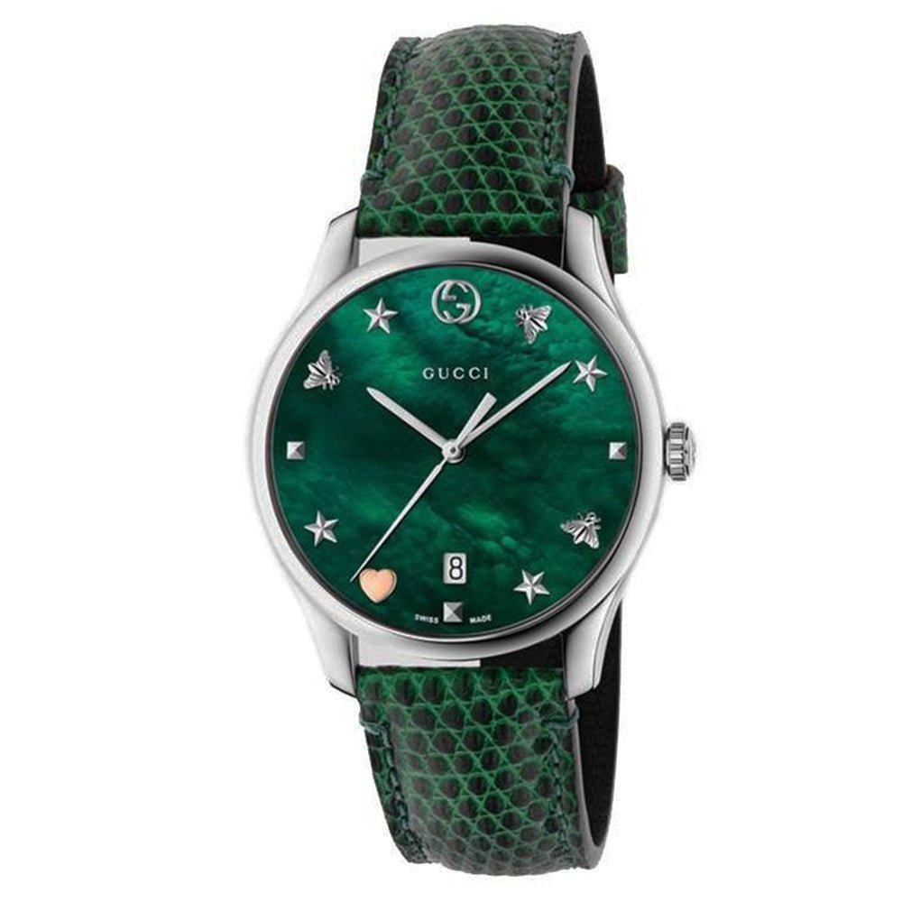  Shop Authentic Gucci G-Timeless Green Mother of Pearl Dial Green Leather Strap Watch For Women - YA126585 - Luxxuri