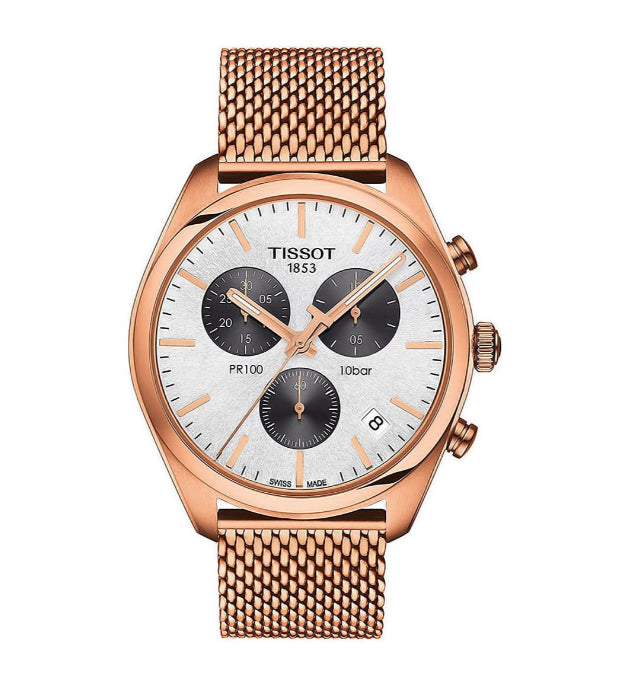 Shop Authentic Tissot T Classic PR 100 Chronograph Silver Dial Rose Gold Mesh Bracelet Watch For Men - T101.417.33.031.01 - Luxxuri