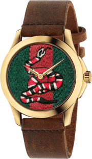  Shop Authentic Gucci Le Marche Des Merveilles Green and Red Dial Brown Leather Strap Unisex Watch - YA1264012 - Luxxuri