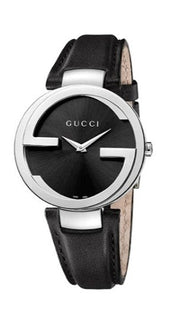  Shop Authentic Gucci G Interlocking Black Dial Black Leather Strap Watch For Women - YA133501 - Luxxuri
