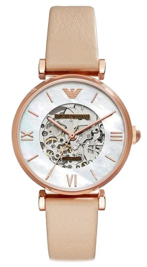  Shop Authentic Emporio Armani Meccanico Silver Skeleton Dial Beige Leather Strap Watch For Women - AR60001 - Luxxuri