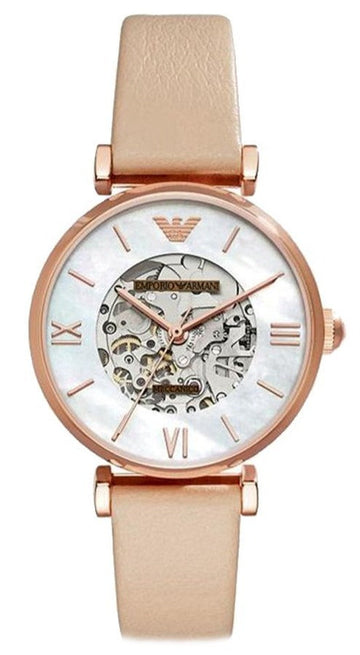  Shop Authentic Emporio Armani Meccanico Silver Skeleton Dial Beige Leather Strap Watch For Women - AR60001 - Luxxuri