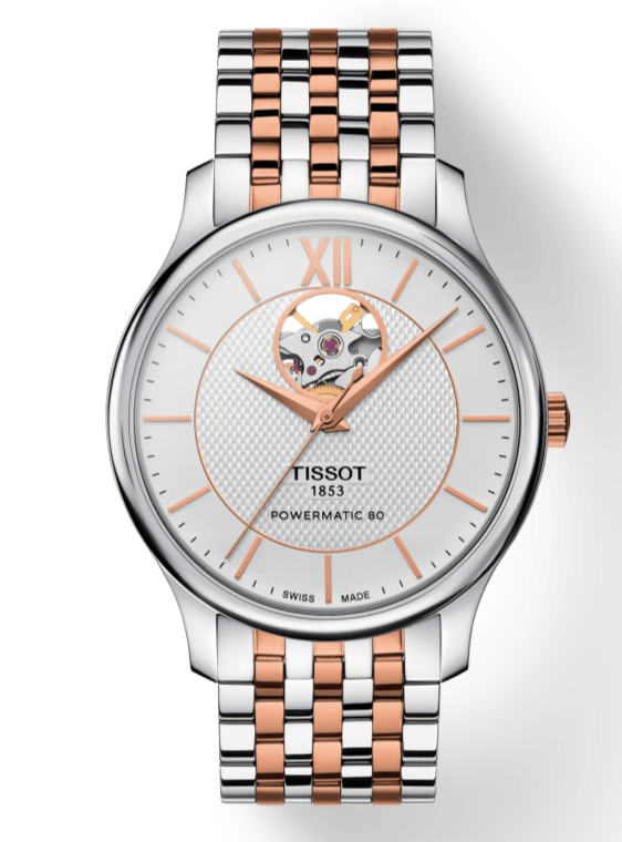  Shop Authentic Tissot Tradition Powermatic 80 Open Heart Silver Dial Two Tone Steel Strap Watch For Men - T063.907.22.038.01 - Luxxuri