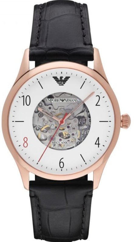  Shop Authentic Emporio Armani Meccanico White Skeleton Dial Black Leather Strap Watch For Men - AR1924 - Luxxuri