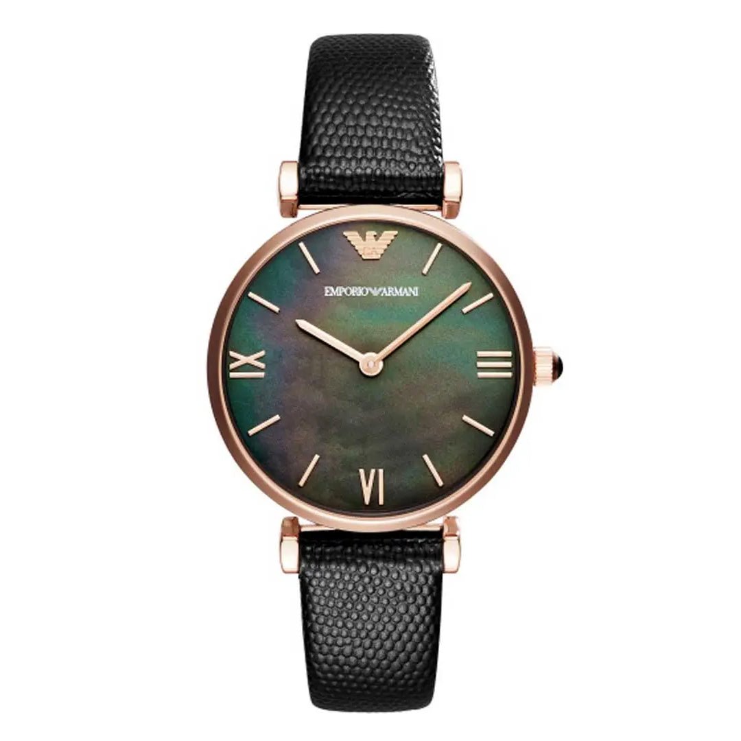  Shop Authentic Emporio Armani Gianni T Bar Black Mother of Pearl Dial Black Leather Strap Watch For Women - AR11060 - Luxxuri