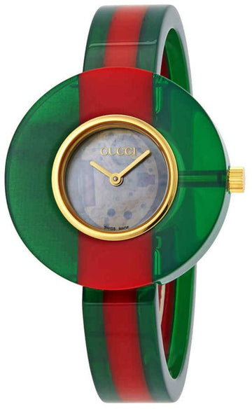  Shop Authentic Gucci Vintage Web Mother of Pearl Dial Two Tone Plastic Strap Watch For Women - YA143403 - Luxxuri