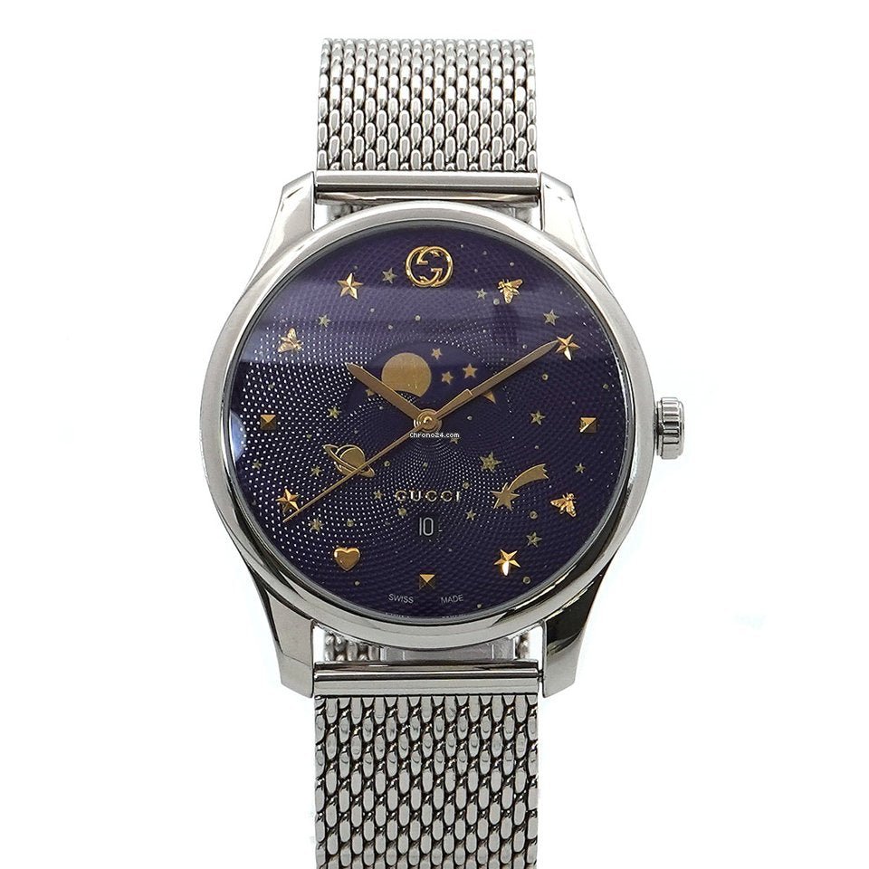  Shop Authentic Gucci G-Timeless Motifs Moon Phase Blue Dial Silver Mesh Bracelet Watch For Men - YA126328 - Luxxuri