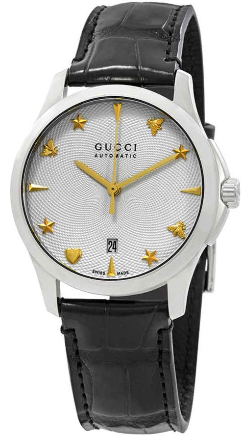  Shop Authentic Gucci G Timeless Automatic Silver Dial Black Leather Strap Unisex Watch - YA126468 - Luxxuri