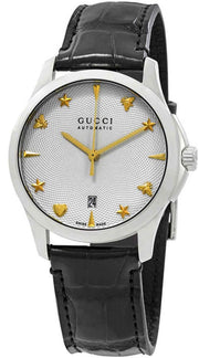  Shop Authentic Gucci G Timeless Automatic Silver Dial Black Leather Strap Unisex Watch - YA126468 - Luxxuri