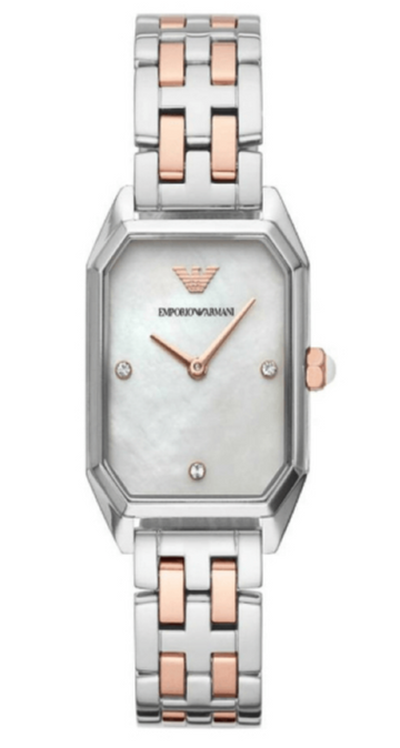  Shop Authentic Emporio Armani Gianni T Bar Mother of Pearl Dial Two Tone Steel Strap Watch For Women - AR11146 - Luxxuri