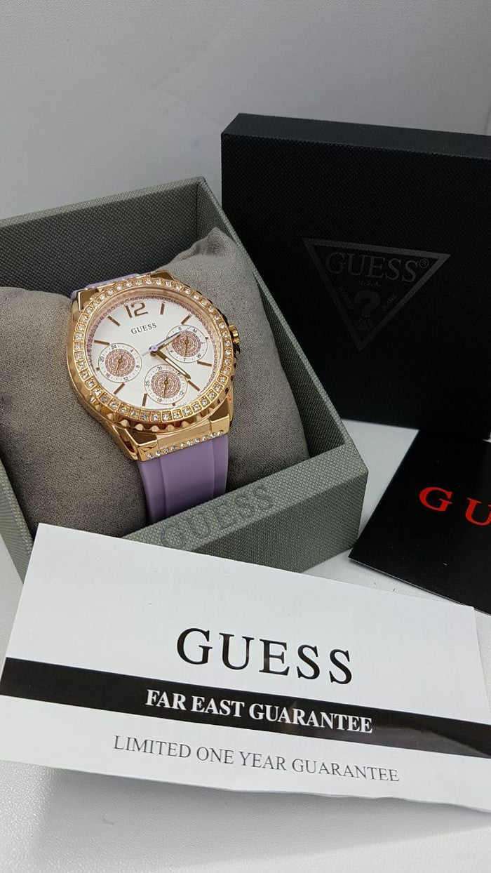  Shop Authentic Guess Starlight Diamonds White Dial Purple Rubber Strap Watch for Women - W0846L6 - Luxxuri