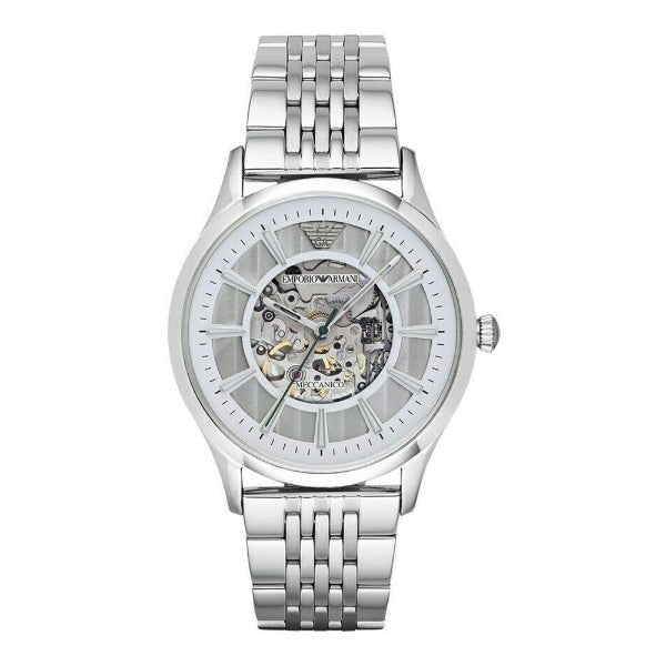  Shop Authentic Emporio Armani Meccanico Skeleton Silver Dial Silver Steel Strap Watch For Men - AR1945 - Luxxuri