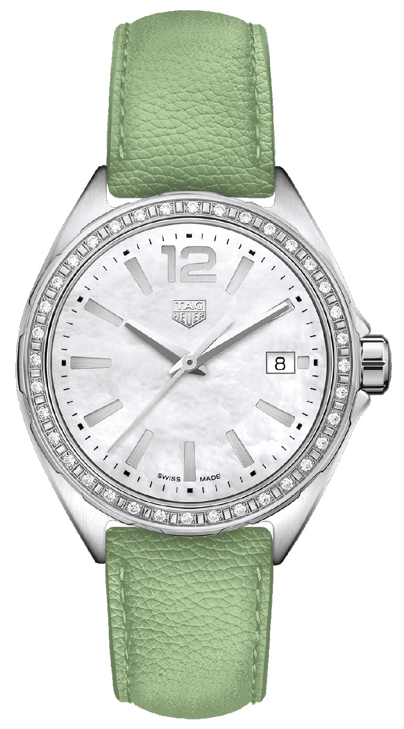  Shop Authentic Tag Heuer Formula 1 Quartz Diamonds Mother of Pearl Dial Green Leather Strap Watch for Women - WBJ131A.FC8249 - Luxxuri