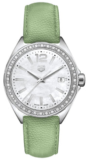  Shop Authentic Tag Heuer Formula 1 Quartz Diamonds Mother of Pearl Dial Green Leather Strap Watch for Women - WBJ131A.FC8249 - Luxxuri