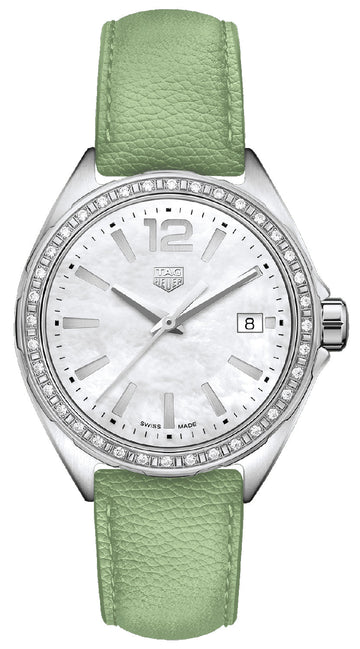  Shop Authentic Tag Heuer Formula 1 Quartz Diamonds Mother of Pearl Dial Green Leather Strap Watch for Women - WBJ131A.FC8249 - Luxxuri