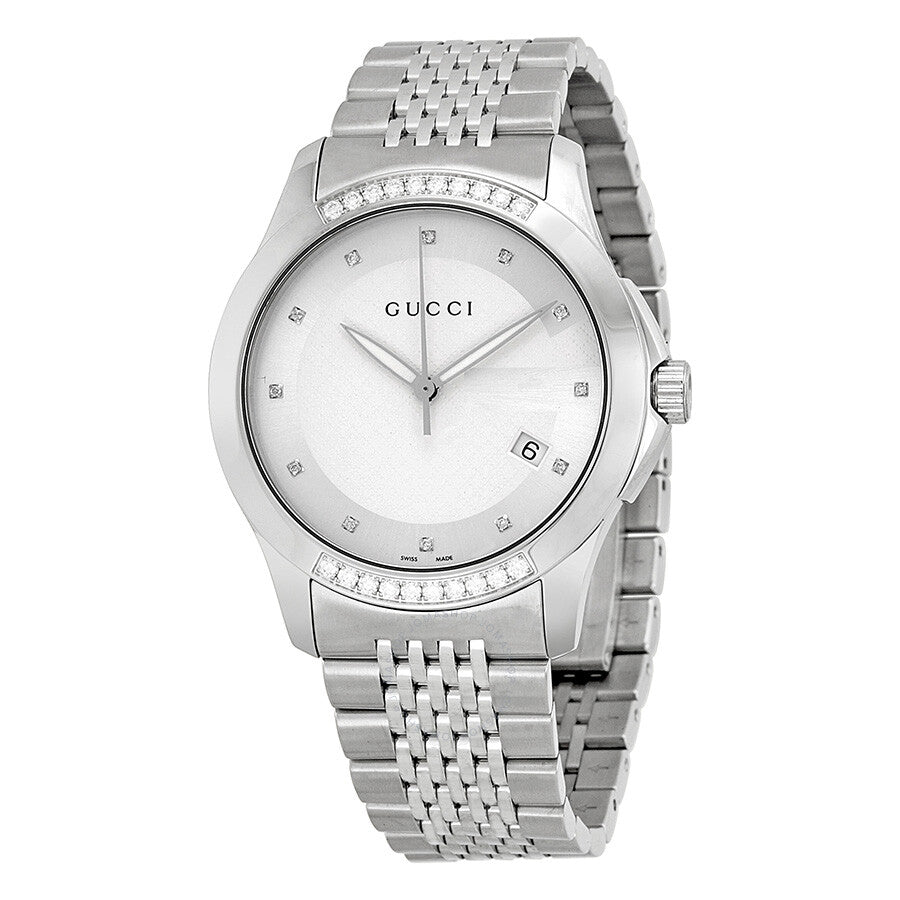  Shop Authentic Gucci G Timeless Diamonds Silver Dial Silver Steel Strap Watch For Men - YA126407 - Luxxuri