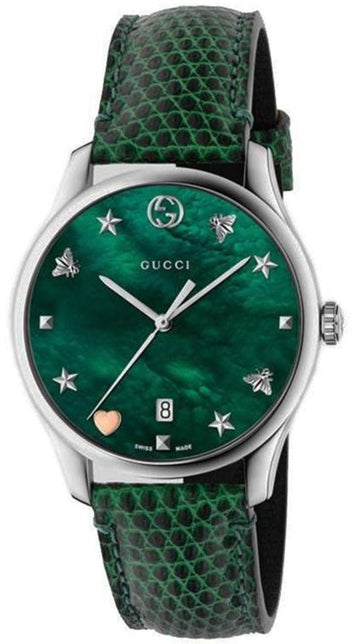  Shop Authentic Gucci G-Timeless Mother of Pearl Green Dial Green Leather Strap Watch For Women - YA1264042 - Luxxuri