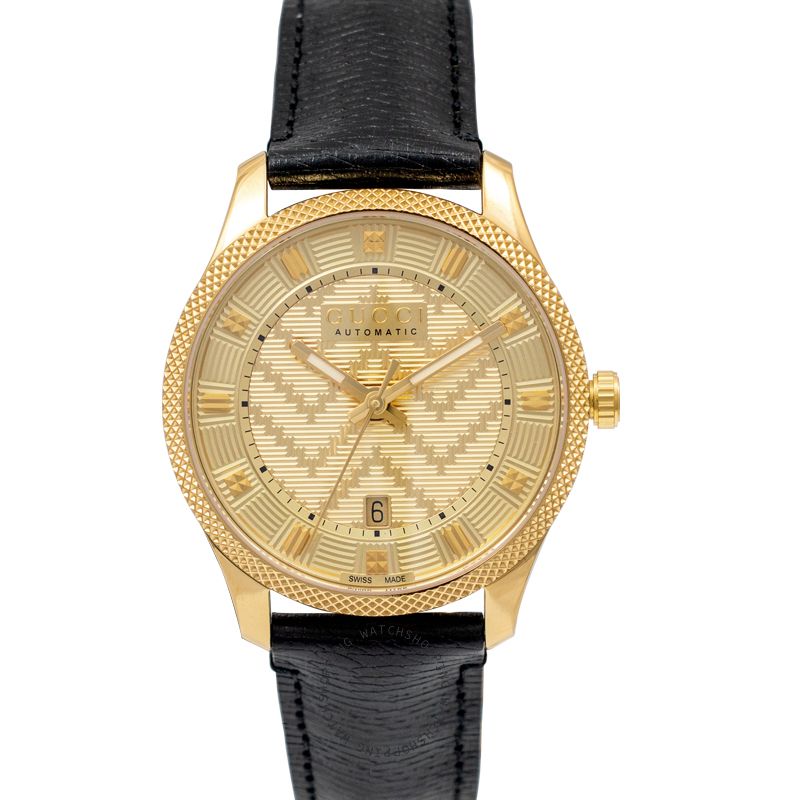  Shop Authentic Gucci Eryx Automatic Chevron Gold Dial Black Leather Strap Watch For Men - YA126340 - Luxxuri