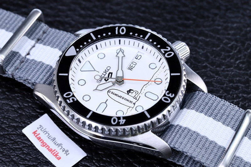  Shop Authentic Seiko 5 Sports x Peanuts Surfboard Snoopy Limited Edition White Dial Two Tone NATO Strap Watch For Men - SRPK25K1 - Luxxuri